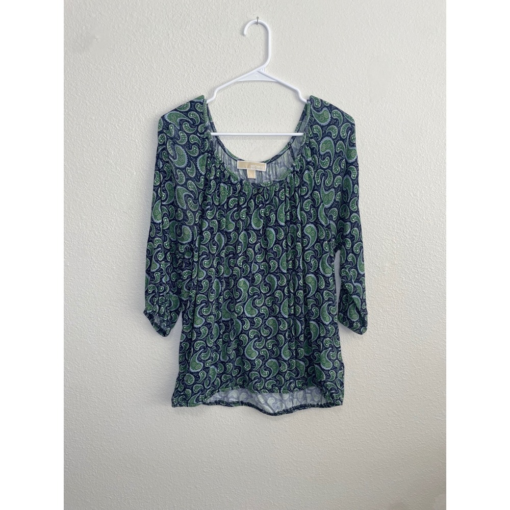 Michael‎ Kors Blouse Womens L Green Paisley Excellent 3/4 Sleeve Viscose